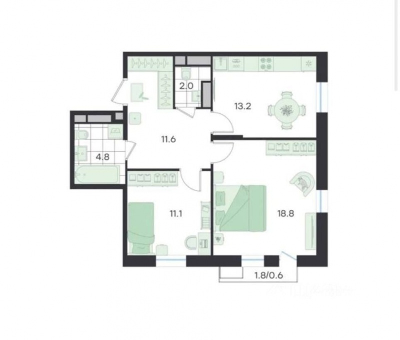 2-комн. квартира, 61,5 м²